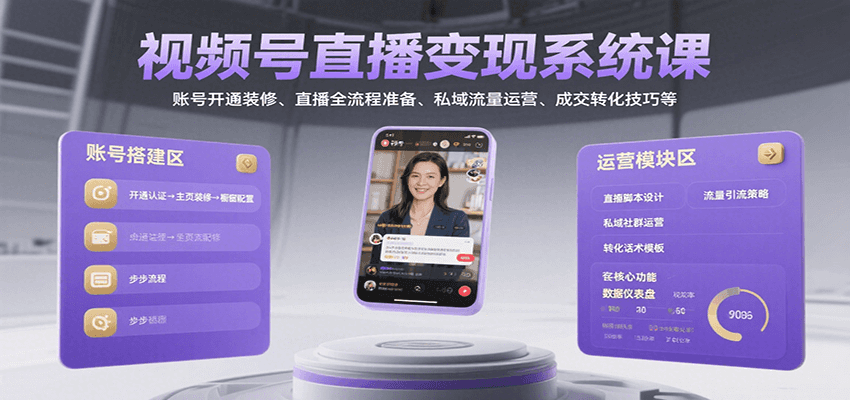视频号直播变现系统课，账号开通装修、直播全流程准备、私域流量运营、成交转化技巧等-汇课新知资源网