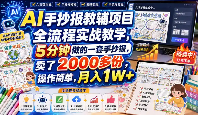AI手抄报教辅项目全流程实战教学,5分钟做的一套手抄报,卖了2000多份,操作简单,月入1W+-汇课新知资源网