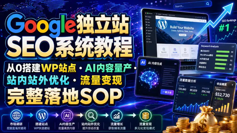 Google独立站SEO系统教程，从0搭建WP站点・AI内容量产・站内站外优化・流量变现完整落地SOP(2026年7月)-汇课新知资源网