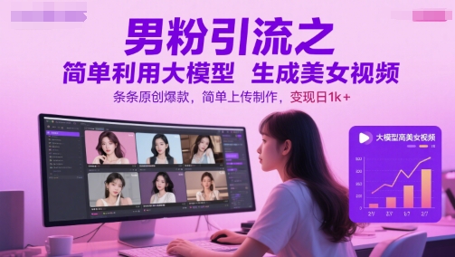 男粉引流之简单利用大模型生成美女视频，条条原创爆款，简单上传制作，变现日1k+-汇课新知资源网