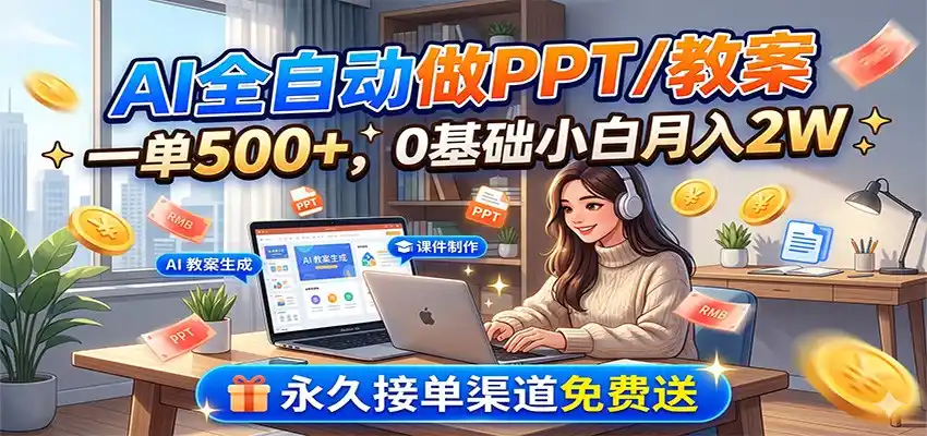AI全自动做PPT/教案，一单500+，0基础小白月入2W，永久接单渠道免费送-汇课新知资源网