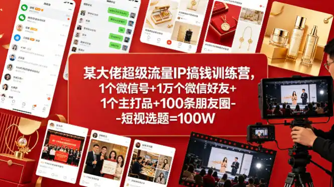 某大佬超级流量IP搞钱训练营，1个微信号+1万个微信好友+1个主打品+100条朋友圈-短视选题=100W-汇课新知资源网