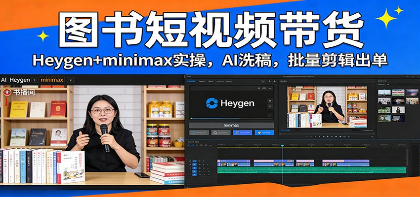 图书短视频带货:Heygen+minimax实操,AI洗稿 ,批量剪辑出单-汇课新知资源网