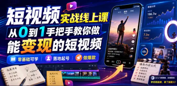 短视频实战线上课,从0到1手把手教你做能变现的短视频,零基础可学,落地起号做爆款-汇课新知资源网