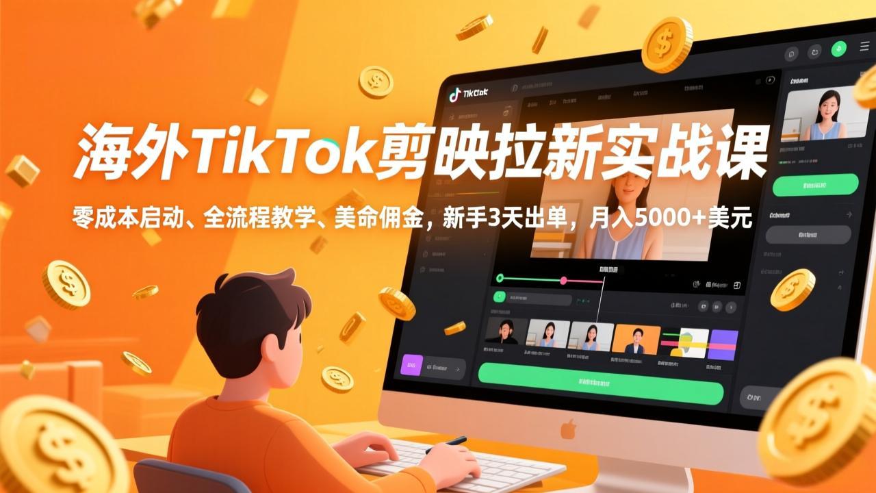海外TikTok剪映拉新实战课,零成本启动、全流程教学、美金佣金,新手3天出单,月入5000+美元-汇课新知资源网