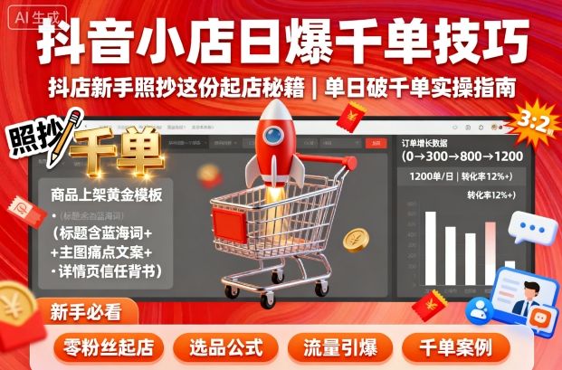 抖音小店日爆千单技巧,抖店新手照抄这份起店秘籍,单日破千单-汇课新知资源网