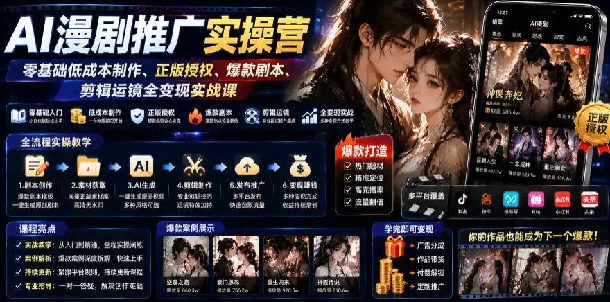 AI漫剧推广实操营|零基础低成本制作、正版授权、爆款剧本、剪辑运镜全变现实战课-汇课新知资源网