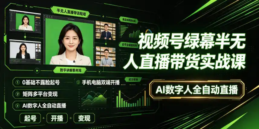 视频号绿幕半无人直播带货实战课｜0基础不露脸起号、手机电脑双端开播、矩阵多平台变现、AI数字人全自动直播-汇课新知资源网