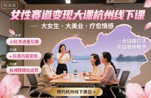 女性赛道变现大课杭州线下,大女生,大美业,疗愈情感,一套小红书、抖音、私域全链路打法-汇课新知资源网