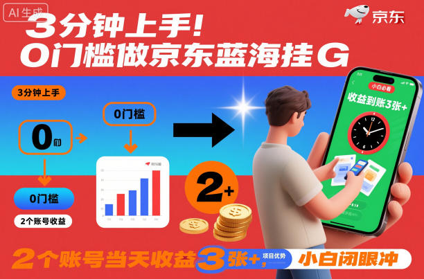 3分钟上手！0门槛做京东蓝海全自动掘金，2个账号当天收益3张+，小白闭眼冲【揭秘】-汇课新知资源网