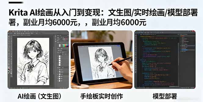 Krita AI绘画从入门到变现:文生图/实时绘画/模型部署,副业月均6000元-汇课新知资源网