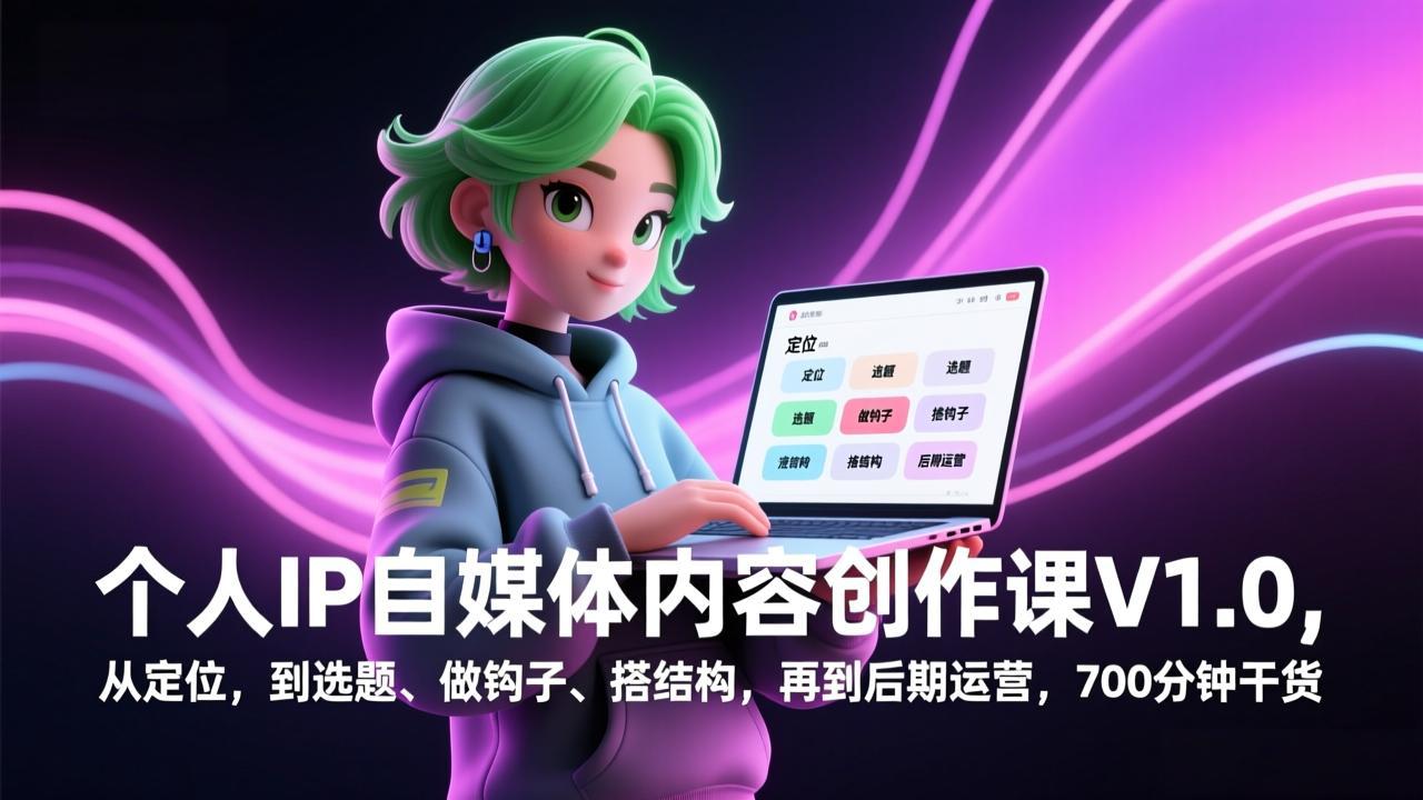 个人IP自媒体内容创作课V1.0，从定位，到选题、做钩子、搭结构，再到后期运营，700分钟干货-汇课新知资源网