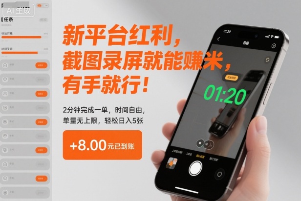 新平台红利,截图录屏就能賺米,有手就行!2分钟完成一单,时间自由,单量无上限,轻松日入5张【揭秘】-汇课新知资源网