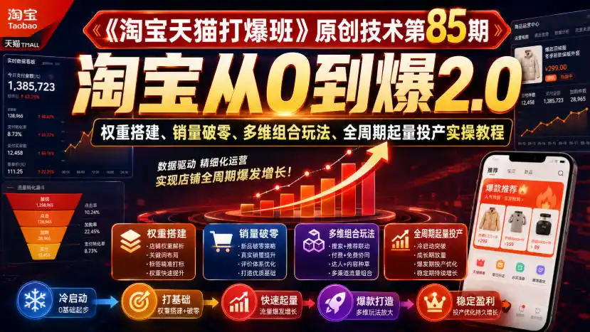 《淘宝天猫打爆班》原创技术第85期，淘宝从0到爆2.0，权重搭建、销量破零、多维组合玩法、全周期起量投产实操教程-汇课新知资源网