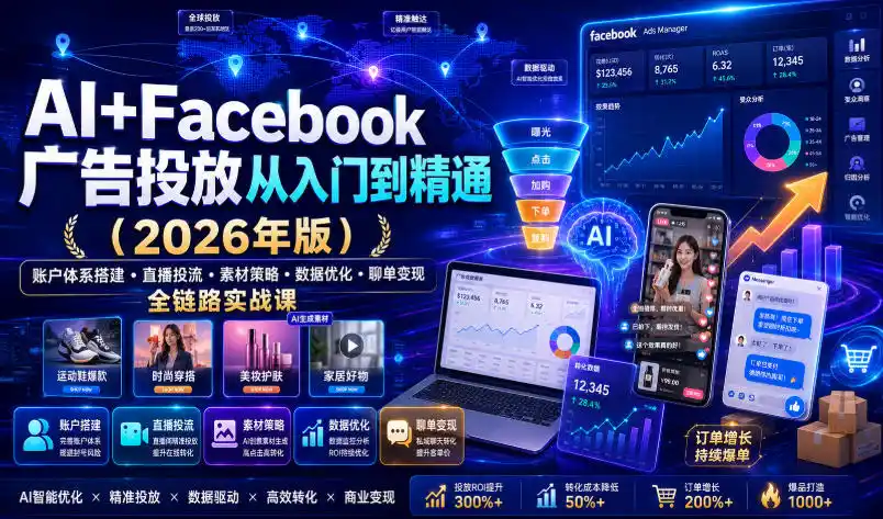 AI+Facebook广告投放从入门到精通(2026年版)｜账户体系搭建・直播投流・素材策略・数据优化・聊单变现全链路实战课-汇课新知资源网