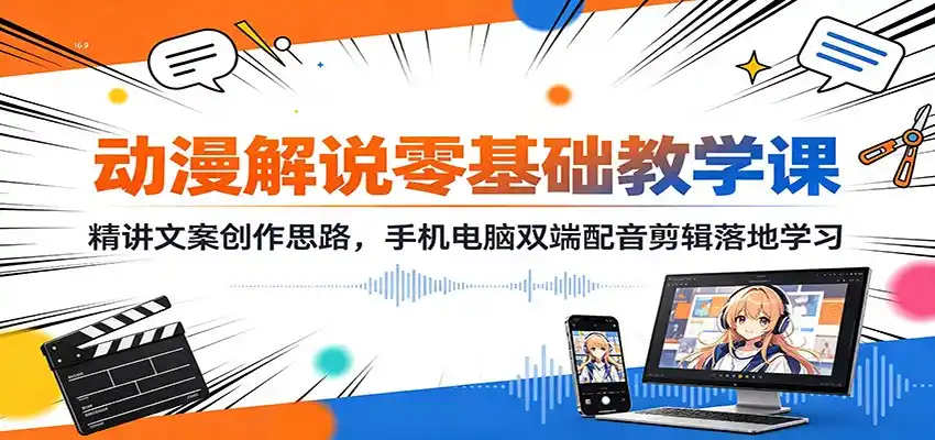 动漫解说零基础教学课:精讲文案创作思路,手机电脑双端配音剪辑落地学习-汇课新知资源网