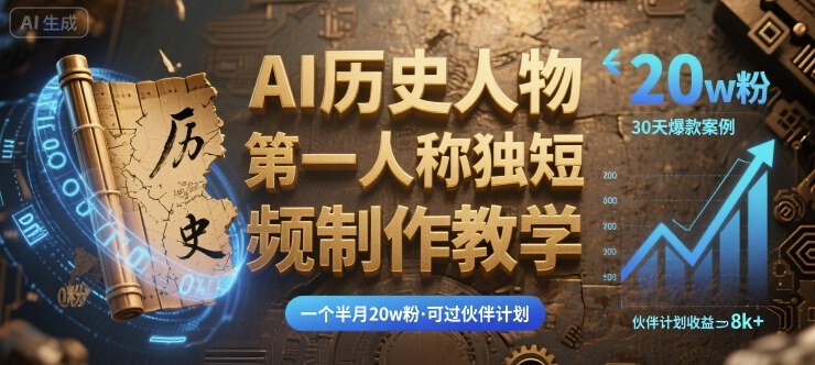 最新AI历史人物第一人称独白短视频制作教学，一个半月20w粉，可过伙伴计划-汇课新知资源网