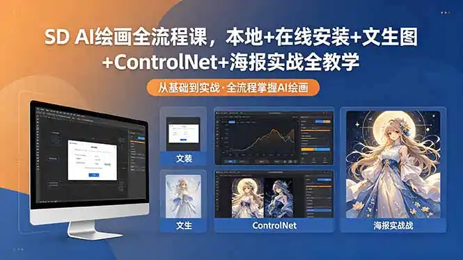 SD AI绘画全流程课,本地+在线安装+文生图+ControlNet+海报实战全教学-汇课新知资源网