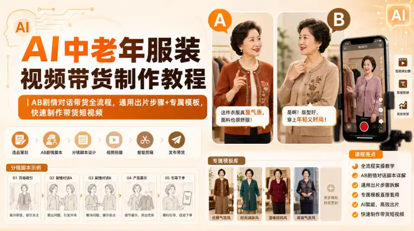 AI中老年服装视频带货制作教程｜AB剧情对话带货全流程，通用出片步骤+专属模板，快速制作带货短视频-汇课新知资源网