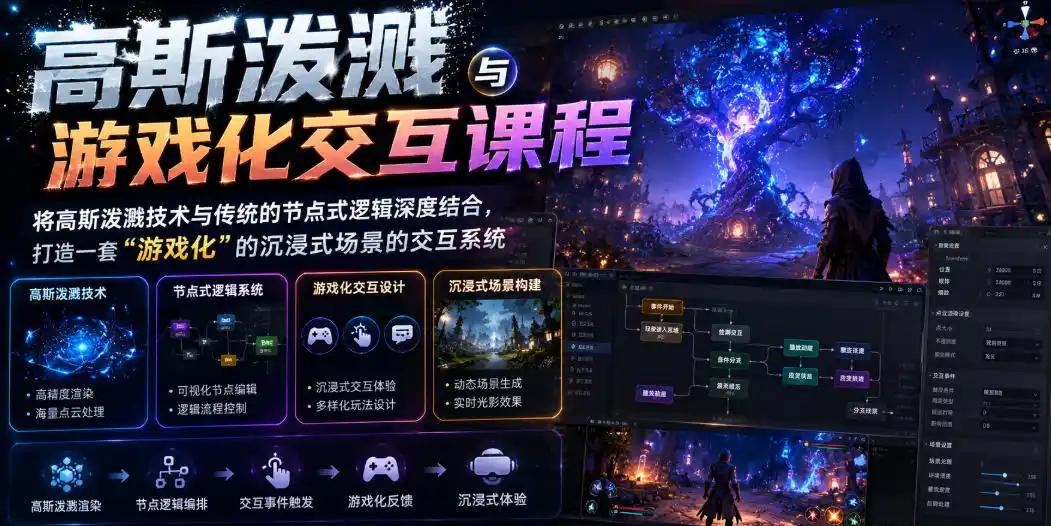 高斯泼溅与游戏化交互课程，将高斯泼溅技术与传统的节点式逻辑深度结合，打造一套“游戏化”的沉浸式场景的交互系统-汇课新知资源网