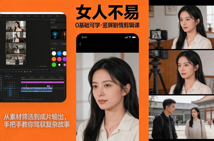 0基础可学！《女人不易》竖屏剧情剪辑课，从素材筛选到成片输出，手把手教你驾驭复杂故事-汇课新知资源网