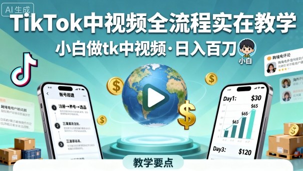 TikTok中视频全流程实操教学，小白做tk中视频，日入百刀-汇课新知资源网