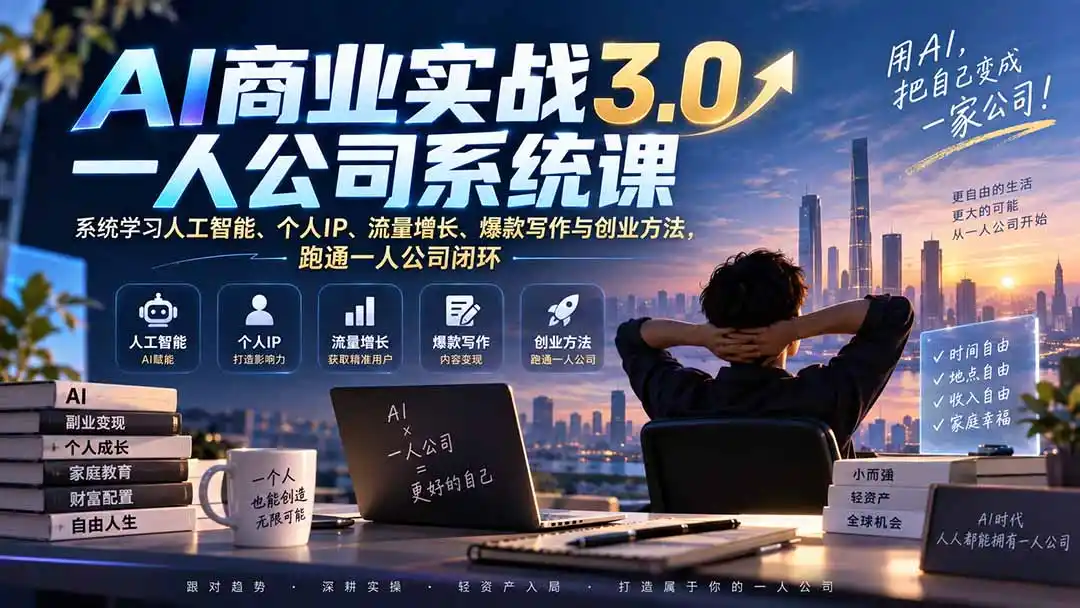 AI商业实战3.0一人公司系统课:系统学习人工智能、个人IP、流量增长、爆款写作与创业方法,跑通一人公司闭环-汇课新知资源网