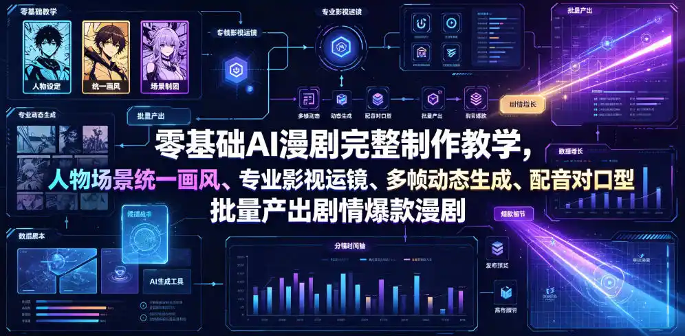 零基础AI漫剧完整制作教学,人物场景统一画风、专业影视运镜、多帧动态生成、配音对口型,批量产出剧情爆款漫剧-汇课新知资源网