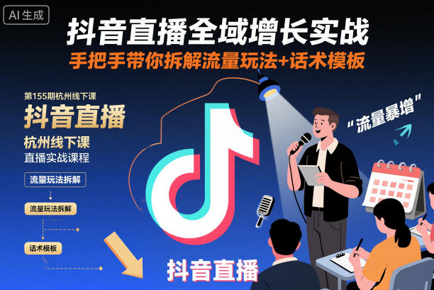 抖音直播全域增长实战第155期杭州线下课，手把手带你拆解流量玩法+话术模板-汇课新知资源网