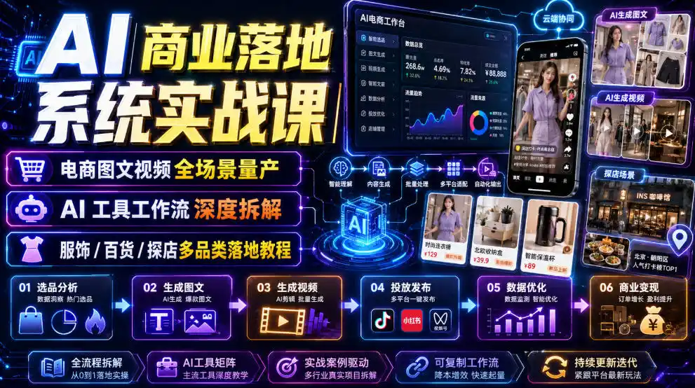 AI商业落地系统实战课｜电商图文视频全场景量产・AI工具工作流深度拆解・服饰/百货/探店多品类落地教程-汇课新知资源网