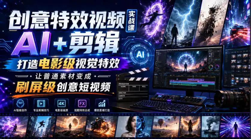创意特效视频实战课，AI+剪辑打造电影级视觉特效，让普通素材变成刷屏级创意短视频-汇课新知资源网