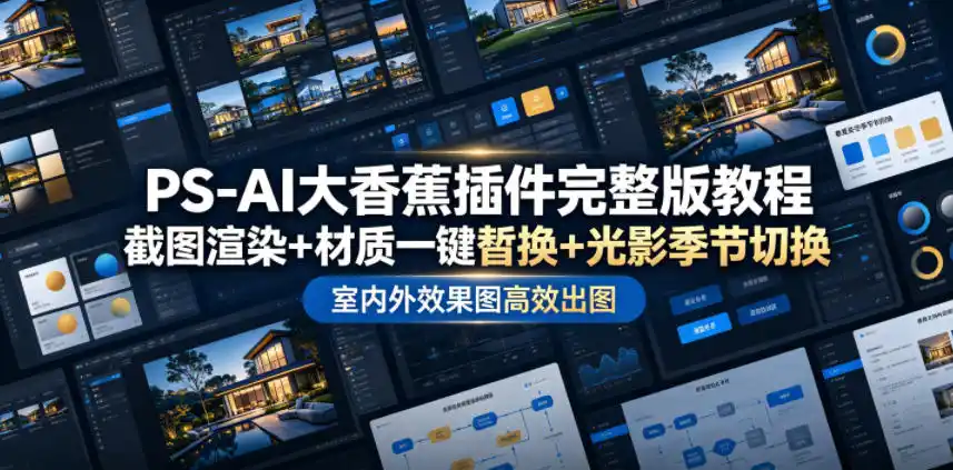 PS-AI大香蕉插件完整版教程，截图渲染+材质一键替换+光影季节切换，室内外效果图高效出图高阶课程-汇课新知资源网
