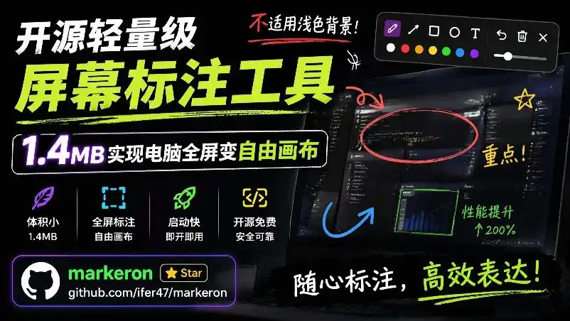 开源轻量级屏幕标注工具，1.4MB实现电脑全屏变自由画布！支持8种标注工具和全键盘操控MarkerOn