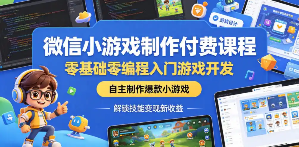 微信小游戏制作付费课程，零基础零编程入门游戏开发，自主制作爆款小游戏，解锁技能变现新收益-汇课新知资源网