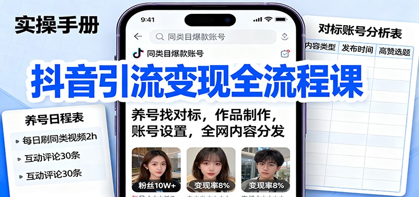抖音引流变现全流程课：养号找对标，作品制作，账号设置，全网内容分发-汇课新知资源网