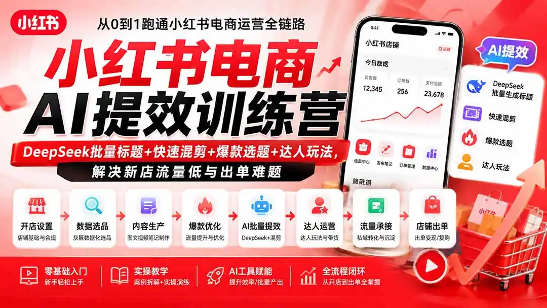 小红书电商AI提效训练营—DeepSeek批量标题+快速混剪+爆款选题+达人玩法，解决新店流量低与出单难题-汇课新知资源网