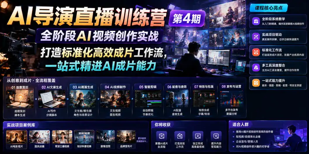 AI导演直播训练营第4期|全阶段AI视频创作实战,打造标准化高效成片工作流,一站式精进AI成片能力-汇课新知资源网