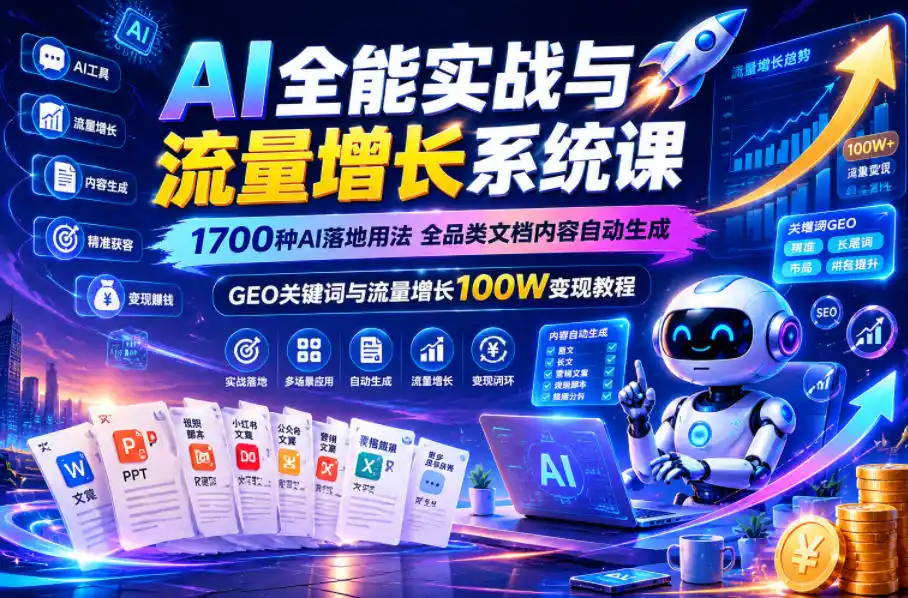 AI全能实战与流量增长系统课，1700种AI落地用法，全品类文档内容自动生成，GEO关键词与流量增长100W变现教程-汇课新知资源网