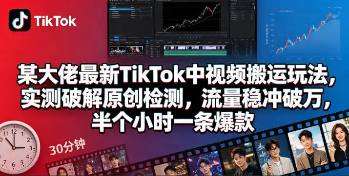 某大佬最新TikTok中视频搬运玩法,实测破解原创检测,流量稳冲破万,半个小时一条爆款-汇课新知资源网