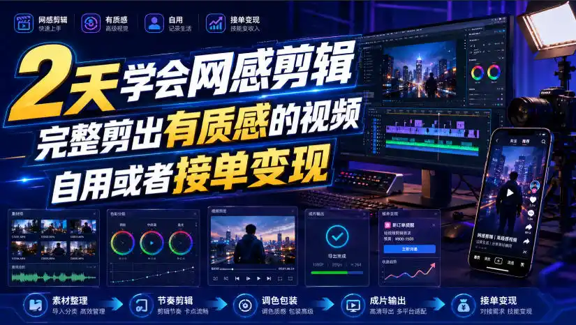 2天学会网感剪辑，完整剪出有质感的视频，自用或者接单变现-汇课新知资源网
