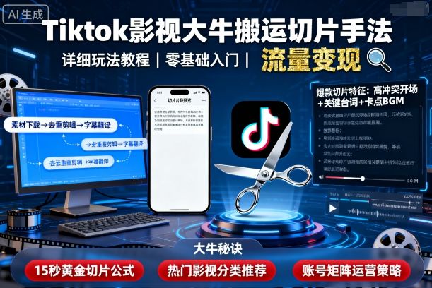 Tiktok影视大牛搬运切片手法,详细玩法教程-汇课新知资源网