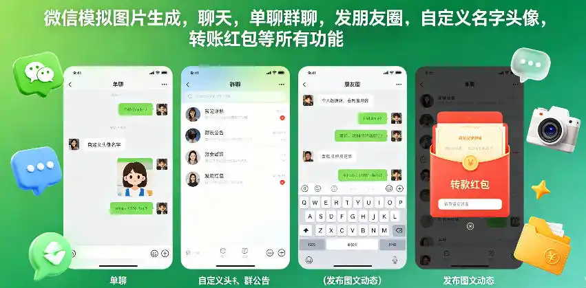 微信模拟图片生成,聊天,单聊群聊,发朋友圈,自定义名字头像,转账红包等所有功能都可以生成-汇课新知资源网