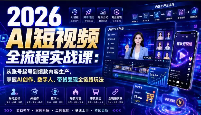 2026 AI短视频全流程实战课：从账号起号到爆款内容生产，掌握AI创作、数字人、带货变现全链路玩法-汇课新知资源网