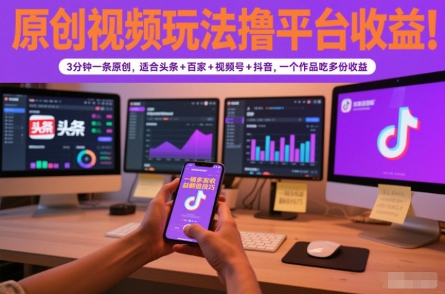 原创视频玩法撸平台收益,3分钟一条原创,适合头条+百家+视频号+抖音,一个作品吃多份收益-汇课新知资源网