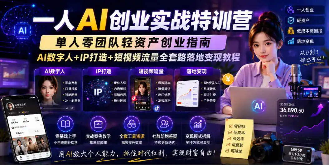 一人AI创业实战特训营，单人零团队轻资产创业指南，AI数字人+IP打造+短视频流量全套路落地变现教程-汇课新知资源网