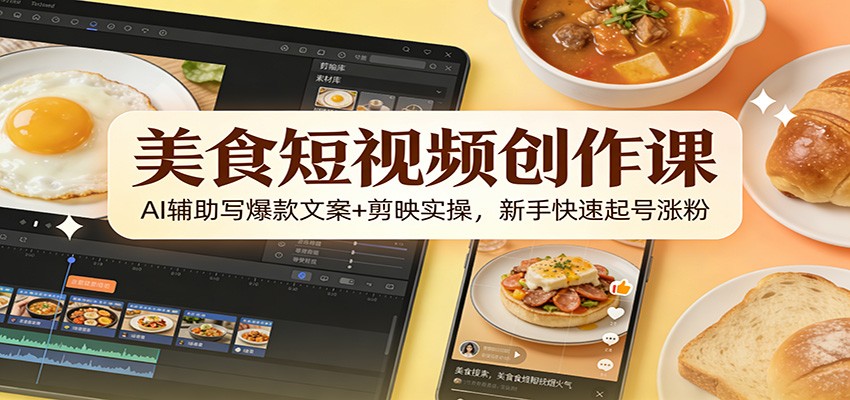美食短视频创作课:AI辅助写爆款文案+剪映实操,新手快速起号涨粉-汇课新知资源网