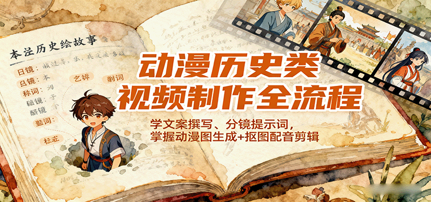 动漫历史类视频制作全流程,学文案撰写、分镜提示词,掌握动漫图生成+抠图配音剪辑-汇课新知资源网