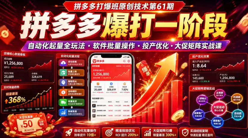 拼多多打爆班原创技术第61期，拼多多爆打一阶段，自动化起量全玩法・软件批量操作・投产优化・大促矩阵实战课-汇课新知资源网