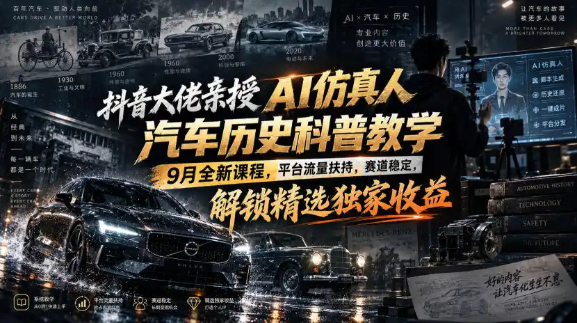 抖音大佬亲授AI仿真人汽车历史科普教学，9月全新课程，平台流量扶持，赛道稳定，解锁精选独家收益
