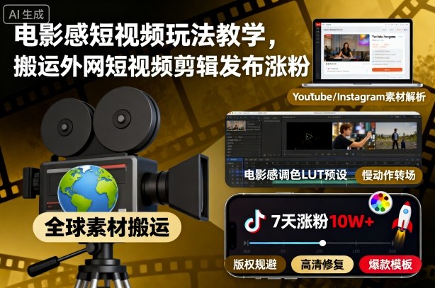 电影感短视频玩法教学,搬运外网短视频剪辑发布涨粉-汇课新知资源网